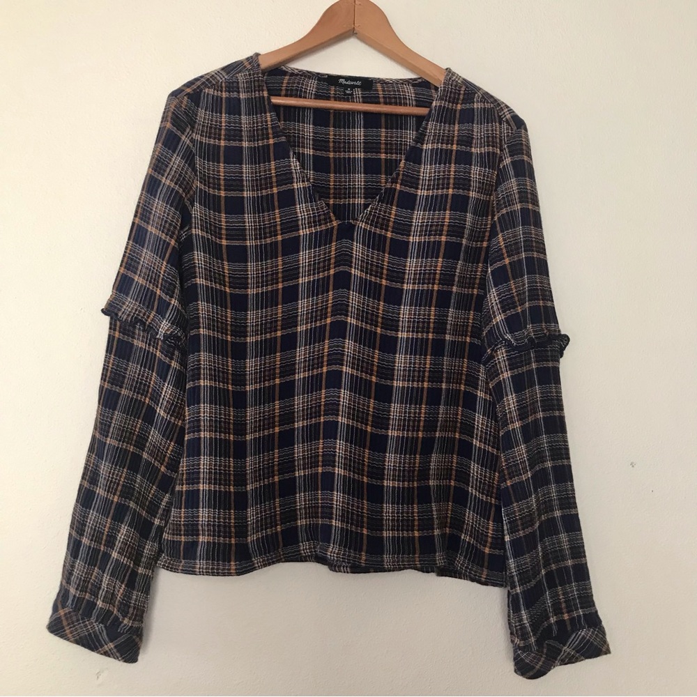 Madewell 100% Cotton Navy Blue and OrangeTartan Plaid Ruffle Sleeve V Neck Shirt